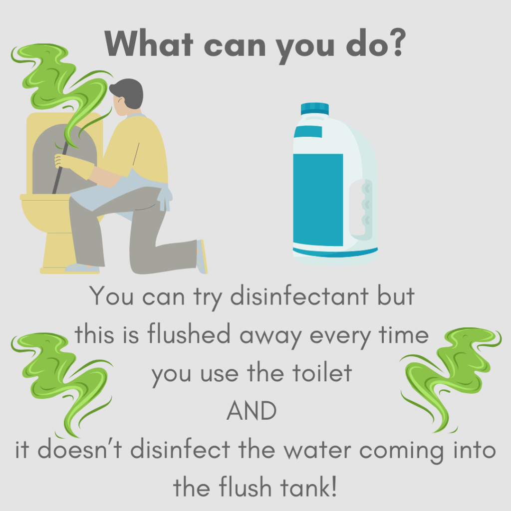 man disinfecting toilet with bad smells